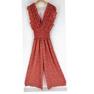 Max Studio Red Floral Smocked Waist Wide Leg Jumpsuit V-Neck Sleeveless 8901C46